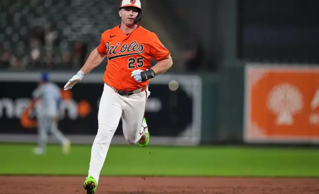 Baltimore Orioles' Pete Alonso rounds the bases after hitting a home run during the first inning of a baseball game against the Toronto Blue Jays, Monday, Sept. 21, 2026, in Baltimore. (AP Photo/Stephanie Scarbrough)