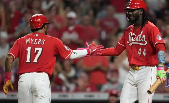 Cincinnati Reds' Dane Myers (17) celebrates hitting a solo home run with Elly De La Cruz (44) during the fifth inning of a baseball game against the Los Angeles Dodgers, Wednesday, Sept. 16, 2026, in Cincinnati. (AP Photo/Carolyn Kaster)