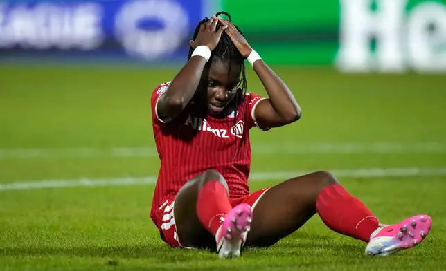 Bayern's Edna Imade reacts after failing to score during the women's Champions League opening phase soccer match between FC Bayern Munich and Manchester City in Munich, Germany, Tuesday, Sept. 22, 2026. (AP Photo/Matthias Schrader)