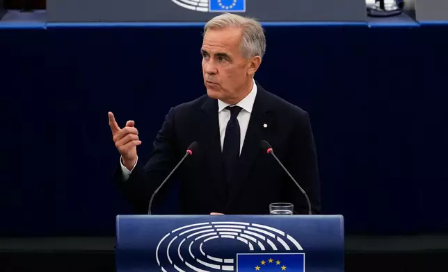 Prime Minister Mark Carney addresses the European Parliament in Strasbourg, France, on Thursday, Sept. 17, 2026. (Justin Tang /The Canadian Press via AP)