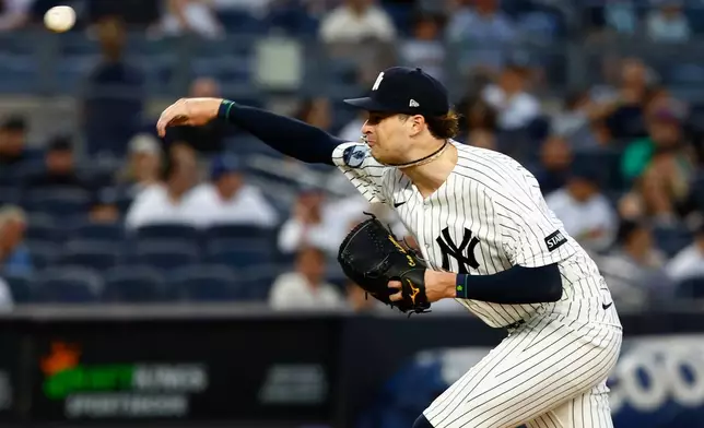 New York Yankees' Cam Schlittler delivers a pitch against the Colorado Rockies during the first inning of a baseball game, Tuesday, Sept. 8, 2026, in New York. (AP Photo/Noah K. Murray)