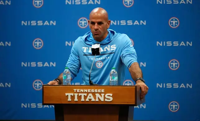 Tennessee Titans head coach Robert Saleh speaks to journalists following an NFL football game against the New York Jets, Sunday, Sept. 13, 2026, in Nashville, Tenn. (AP Photo/George Walker IV)