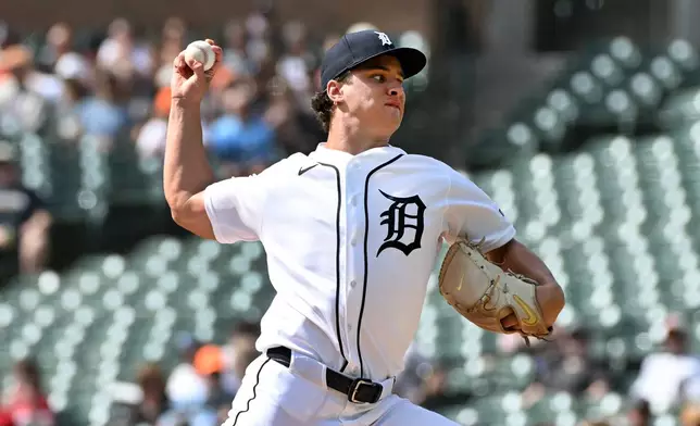 Detroit Tigers starting pitcher Jackson Jobe throws during the first inning of a baseball game against the Colorado Rockies, Sunday, Sept. 13, 2026, in Detroit. (AP Photo/Jose Juarez)