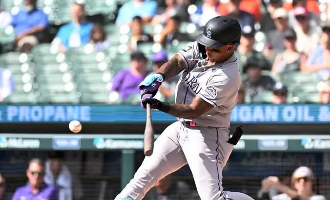 Colorado Rockies' Adael Amador hits a home run during the first inning of a baseball game against the Detroit Tigers, Sunday, Sept. 13, 2026, in Detroit. (AP Photo/Jose Juarez)