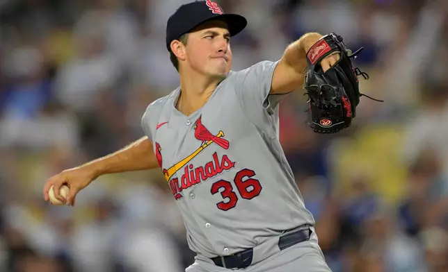 St. Louis Cardinals pitcher Michael McGreevy delivers to the plate during the first inning of a baseball game against the Los Angeles Dodgers, Tuesday, Sept. 1, 2026, in Los Angeles. (AP Photo/Jayne Kamin-Oncea)