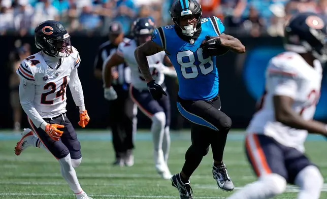 Carolina Panthers tight end Darren Waller (88) runs during the second half of an NFL football game, Sunday, Sept. 13, 2026, in Charlotte, N.C. (AP Photo/Erik Verduzco)
