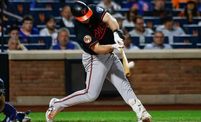Baltimore Orioles Pete Alonso hits a solo home run during the first inning of a baseball game against the New York Mets, Wednesday, Sept. 16, 2026, in New York. (AP Photo/Eduardo Munoz Alvarez)
