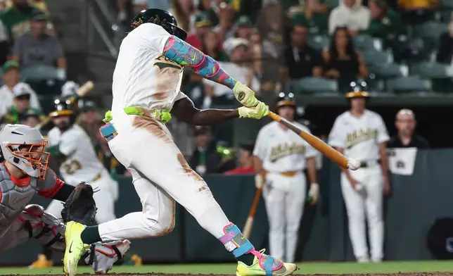 Athletics' Lawrence Butler hits an RBI single on a fielder's choice during the sixth inning of a baseball game against the Houston Astros, Friday, Sept. 25, 2026, in West Sacramento, Calif. (AP Photo/Sara Nevis)