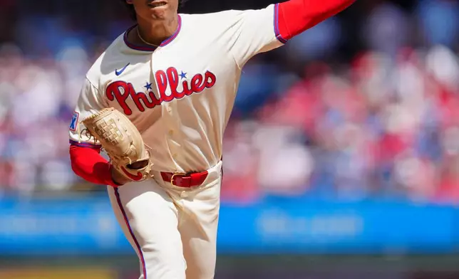 Philadelphia Phillies pitcher Jesús Luzardo throws during the first inning of a baseball game against the Atlanta Braves, Monday, Sept. 7, 2026, in Philadelphia. (AP Photo/Derik Hamilton)
