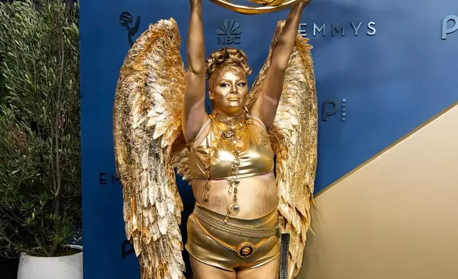 Meg Stalter arrives at the 78th Emmy Awards on Monday, Sept. 14, 2026, at the Peacock Theater in Los Angeles. (AP Photo/Mark J. Terrill)