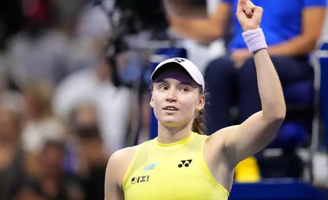 Elena Rybakina, of Kazakhstan, gestures after she won her match against Coco Gauff, of the United States, during the women's singles semifinals of the U.S. Open tennis championships Thursday, Sept. 10, 2026, in New York. (AP Photo/Frank Franklin II)