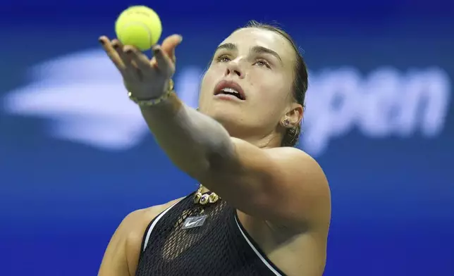 Aryna Sabalenka, of Belarus, serves the ball to Jessica Pegula, of the United States, during the women's singles semifinals of the U.S. Open tennis championships Thursday, Sept. 10, 2026, in New York. (AP Photo/Kirsty Wigglesworth)