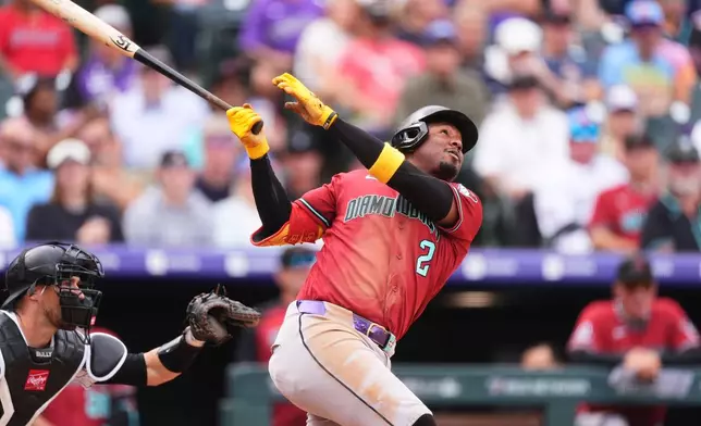 Arizona Diamondbacks' Geraldo Perdomo hits an RBI single off Colorado Rockies starting pitcher Tanner Gordon in the second inning of a baseball game Thursday, Sept. 24, 2026, in Denver. (AP Photo/David Zalubowski)