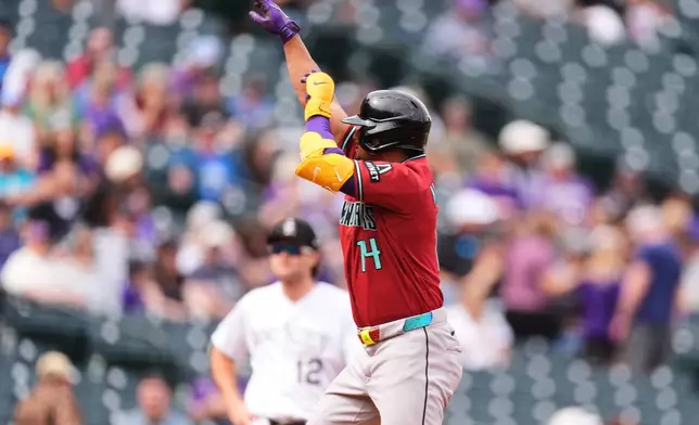 Arizona Diamondbacks' Gabriel Moreno gestures as he circles the bases after hitting a three-run home urn off Colorado Rockies starting pitcher Tanner Gordon in the first inning of a baseball game, Thursday, Sept. 24, 2026, in Denver. (AP Photo/David Zalubowski)
