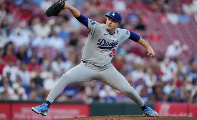 Los Angeles Dodgers pitcher Tarik Skubal throws during the second inning of a baseball game against the Cincinnati Reds, Monday, Sept. 14, 2026, in Cincinnati. (AP Photo/Carolyn Kaster)