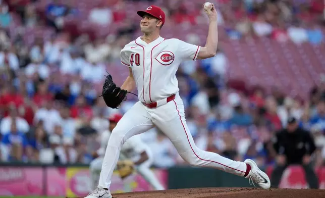 Cincinnati Reds pitcher Nick Lodolo throws during the first inning of a baseball game against the Los Angeles Dodgers, Monday, Sept. 14, 2026, in Cincinnati. (AP Photo/Carolyn Kaster)