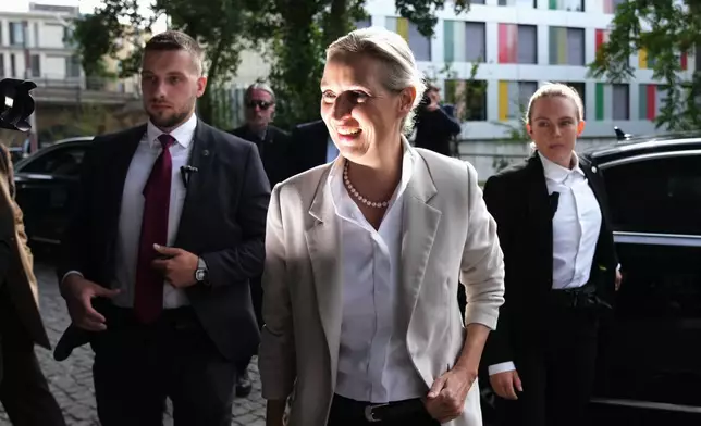 Co-leader of Alternative for Germany party, or AfD, Alice Weidel, arrives for a press conference in Berlin, Germany, Monday, Sept. 7, 2026. (AP Photo/Ebrahim Noroozi)