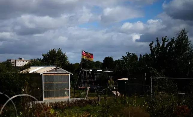 The flag of the former German Democratic Republic (GDR) waves on the weekend of the state elections in Saxony-Anhalt in an allotment garden in Stendal, Germany, Sunday, Sept. 6, 2026. (AP Photo/Matthias Schrader)