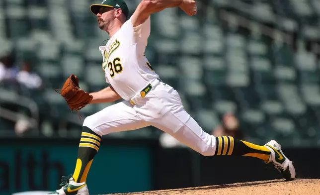 Athletics pitcher Hogan Harris throws to a Toronto Blue Jays batter during the eighth inning of a baseball game Wednesday, Sept. 9, 2026, in West Sacramento, Calif. (AP Photo/Scott Marshall)