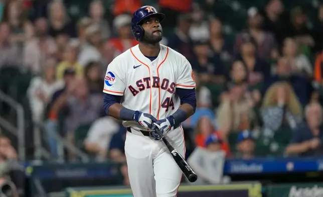 Houston Astros' Yordan Alvarez watches his home run against the Kansas City Royals during the fifth inning of a baseball game Thursday, Sept. 17, 2026, in Houston. (AP Photo/David J. Phillip)