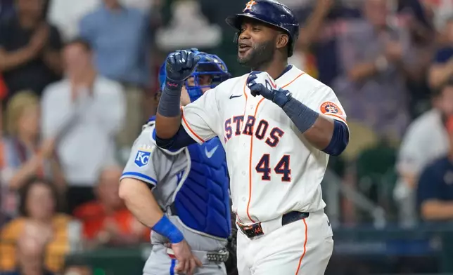 Houston Astros' Yordan Alvarez (44) celebrates after hitting a home run against the Kansas City Royals during the fifth inning of a baseball game Thursday, Sept. 17, 2026, in Houston. (AP Photo/David J. Phillip)