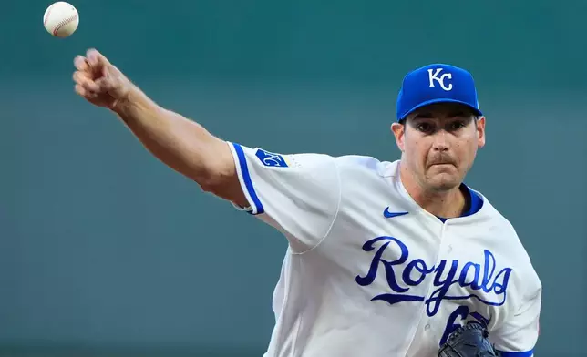 Kansas City Royals starting pitcher Seth Lugo throws during the first inning of a baseball game against the Chicago White Sox, Wednesday, Sept. 23, 2026, in Kansas City, Mo. (AP Photo/Charlie Riedel)