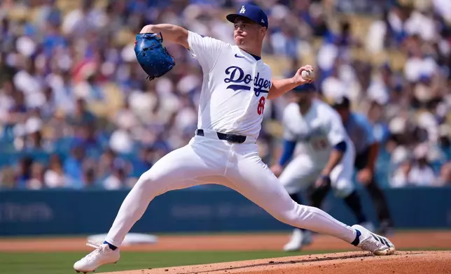 Los Angeles Dodgers pitcher Jack Dreyer throws to the plate during the first inning of a baseball game against the San Francisco Giants, Sunday, Sept. 20, 2026, in Los Angeles. (AP Photo/Mark J. Terrill)