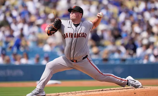 San Francisco Giants pitcher Matt Wilkinson throws to the plate during the first inning of a baseball game against the Los Angeles Dodgers, Sunday, Sept. 20, 2026, in Los Angeles. (AP Photo/Mark J. Terrill)