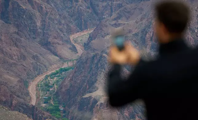 Buildings are seen in a flood damaged Bright Angel Canyon the Grand Canyon, Monday, Aug. 31, 2026, in Grand Canyon National Park, Ariz. (AP Photo/John Locher)
