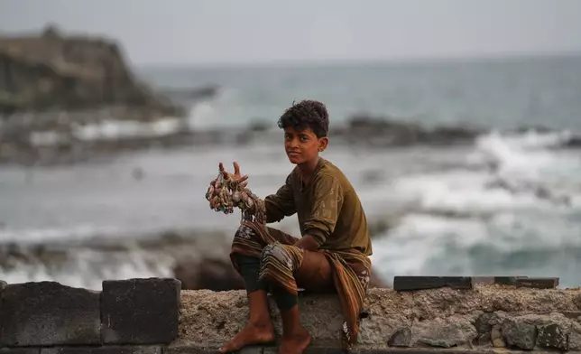 A boy displays seashells souveniers to sell at Sirah fish market in Aden, Yemen, Tuesday, Sept. 15, 2026. (AP Photo/Abdulnasser Alseddik)