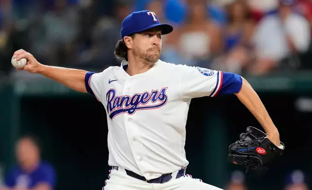 Texas Rangers pitcher Jacob deGrom throws to the Tampa Bay Rays during the first inning of a baseball game Saturday, Sept. 5, 2026, in Arlington, Texas. (AP Photo/Tony Gutierrez)