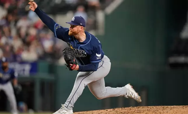 Tampa Bay Rays pitcher Drew Rasmussen throws to the Texas Rangers during the fifth inning of a baseball game Saturday, Sept. 5, 2026, in Arlington, Texas. (AP Photo/Tony Gutierrez)