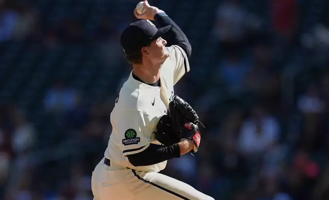 Minnesota Twins starting pitcher Connor Prielipp delivers during the first inning of a baseball game against the Cleveland Guardians Saturday, Sept. 12, 2026, in Minneapolis. (AP Photo/Abbie Parr)
