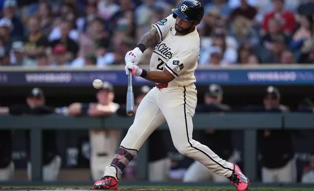 Minnesota Twins' Emmanuel Rodriguez hits a solo home run for his first-career hit during his MLB debut in the third inning of a baseball game Saturday, Sept. 12, 2026, in Minneapolis. (AP Photo/Abbie Parr)