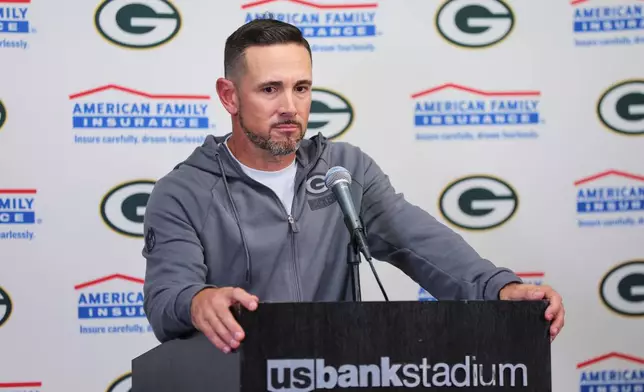 Green Bay Packers head coach Matt LaFleur responds to a question during a news conference after an NFL football game against the Minnesota Vikings, Sunday, Sept. 13, 2026, in Minneapolis, Minn. (AP Photo/Bailey Hillesheim)