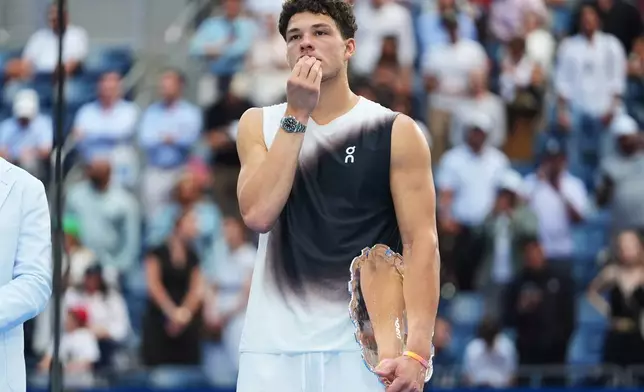 Ben Shelton, of the United States, looks on after his loss in the men's singles final of the U.S. Open tennis championships against Alexander Zverev, of Germany, Sunday, Sept. 13, 2026, in New York. (AP Photo/Frank Franklin II)
