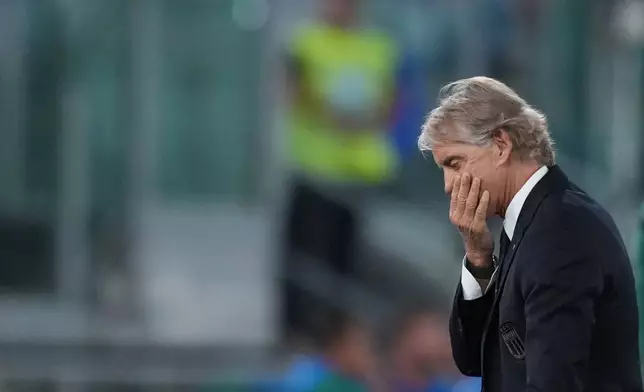 Italy head coach Roberto Mancini reacts during the Nations League soccer match between Italy and Belgium in Rome, Friday, Sept. 25, 2026. (Alfredo Falcone/LaPresse via AP)