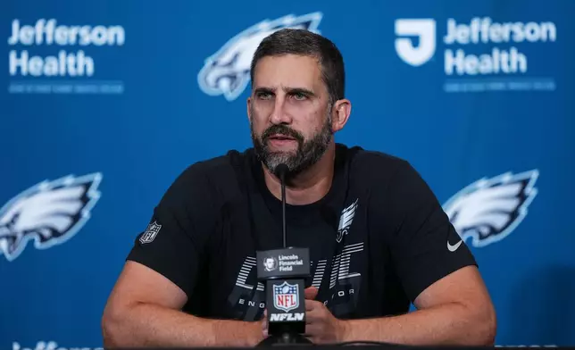Philadelphia Eagles head coach Nick Sirianni speaks during a news conference after a preseason NFL football game against the Cincinnati Bengals on Friday, Aug. 28, 2026, in Philadelphia. (AP Photo/Matt Rourke)