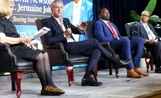 California Gov. Gavin Newsom speaks during a fireside chat at Allen University, Friday, Sept. 4, 2026, in Columbia, S.C. (AP Photo/Mic Smith)