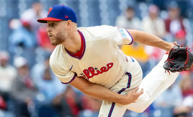 Philadelphia Phillies pitcher Zack Wheeler throws during the first inning of a baseball game against the Tampa Bay Rays, Sunday, Sept. 27, 2026, in Philadelphia. (AP Photo/Laurence Kesterson)