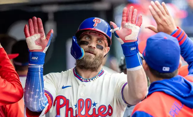 Philadelphia Phillies' Bryce Harper is cheered in the dugout after hitting a solo home run in the fifth inning of a baseball game against the Tampa Bay Rays, Sunday, Sept. 27, 2026, in Philadelphia. (AP Photo/Laurence Kesterson)