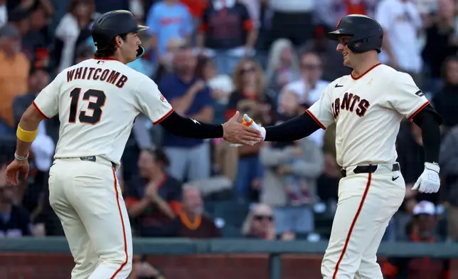 San Francisco Giants' Andrew Knizner, right, celebrates with Shay Whitcomb (13) after hitting a home run during the second inning of a baseball game against the San Diego Padres in San Francisco, Sunday, Sept. 13, 2026. (AP Photo/Jed Jacobsohn)