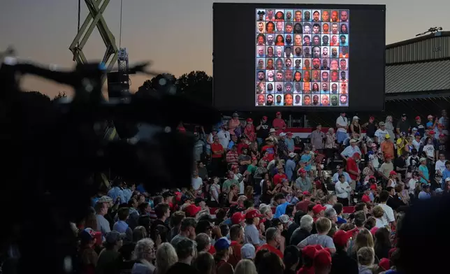 A image is seen on a screen as President Donald Trump speaks during a rally at Gastonia Municipal Airport, Wednesday, Sept. 16, 2026, in Gastonia, N.C. (AP Photo/Alex Brandon)