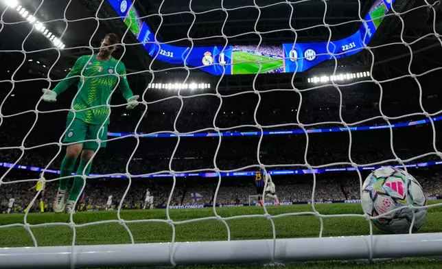 Inter Milan's goalkeeper Josep Martinez reacts after the goal by Real Madrid's Kylian Mbappe, during a Champions League soccer match between Real Madrid and Inter Milan in Madrid, Spain, Tuesday, Sept. 8, 2026. (AP Photo/Bernat Armangue)