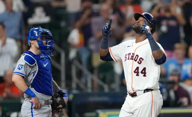 Houston Astros' Yordan Alvarez (44) celebrates after hitting a home run against the Kansas City Royals during the fifth inning of a baseball game Thursday, Sept. 17, 2026, in Houston. (AP Photo/David J. Phillip)