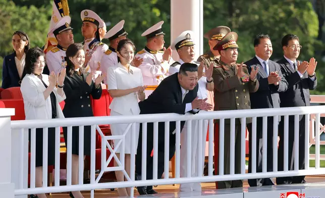 In this photo provided by the North Korean government, its leader Kim Jong Un, front center, his daugther, third left in front, and his wife Ri Sol Ju, second left in front, attend a commissioning ceremony of a destroyer, Kang Kon at a port in Wonsan, North Korea Sunday, Sept. 6, 2026. Independent journalists were not given access to cover the event depicted in this image distributed by the North Korean government. The content of this image is as provided and cannot be independently verified. Korean language watermark on image as provided by source reads: "KCNA" which is the abbreviation for Korean Central News Agency. (Korean Central News Agency/Korea News Service via AP)