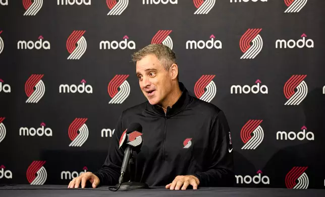 Portland Trail Blazers head coach Micah Nori talks during the NBA basketball team's media day in Portland, Ore., Monday, Sept. 28, 2026. (AP Photo/Craig Mitchelldyer)