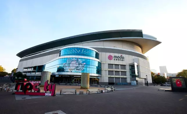 The Moda Center, home of the Portland Trail Blazers, is seen before the NBA basketball team's media day in Portland, Ore., Monday, Sept. 28, 2026. (AP Photo/Craig Mitchelldyer)