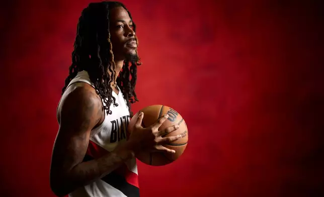 Portland Trail Blazers guard Ja Morant poses for a photo during the NBA basketball team's media day in Portland, Ore., Monday, Sept. 28, 2026. (AP Photo/Craig Mitchelldyer)