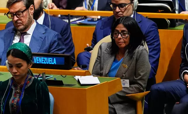 Venezuela's acting president Delcy Rodriguez listens as United States President Donald Trump speaks during the 81st session of the United Nations General Assembly at United Nations headquarters, Tuesday, Sept. 22, 2026. (AP Photo/Yuki Iwamura)